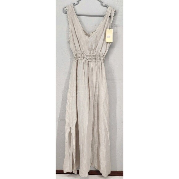 Made in Italy Terzo Millennio 100% Linen Maxi Dress Crochet Waist Beige Size L - Picture 1 of 8